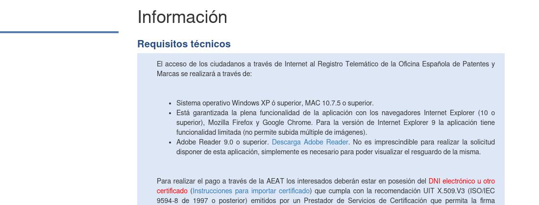 Captura de https://sede.oepm.gob.es/eSede/es/informacion/Requisitos-tecnicos-00005/